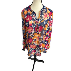 Liz Claiborne Womens XL Petite Floral Blouse Sheer Multicolor Long Sleeve Top